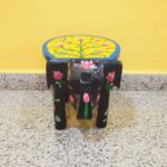 Furnshine - Handcrafted Black & Yellow Wooden Elephant Stool with Floral Designs - Rajasthani Indian Handicrafts for Pooja, Home & Foyer Decor (8"H x 10.5"L x 8"W)