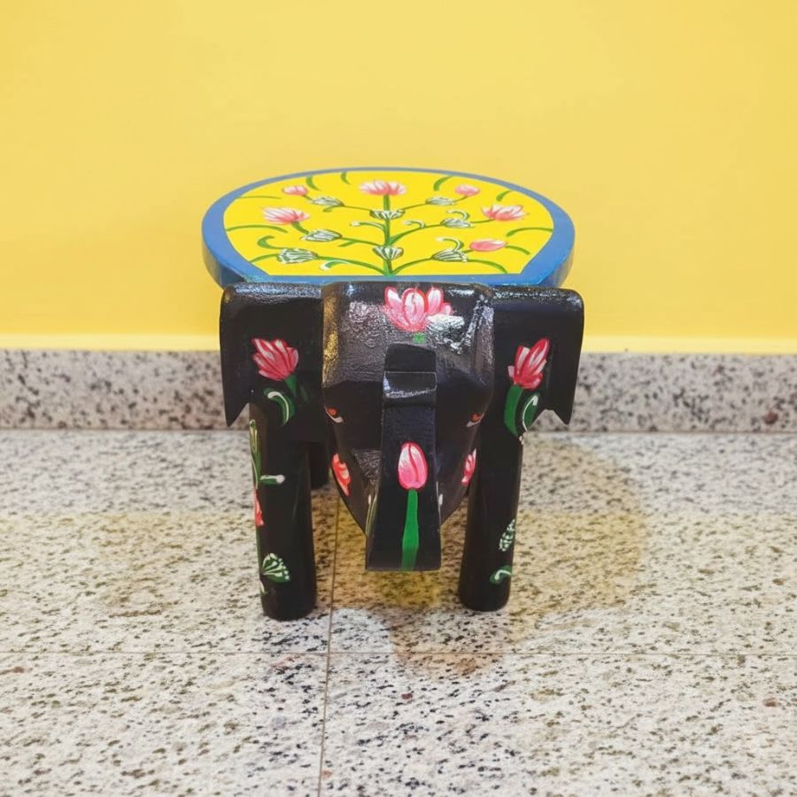 1 Furnshine - Handcrafted Black & Yellow Wooden Elephant Stool with Floral Designs - Rajasthani Indian Handicrafts for Pooja, Home & Foyer Decor (8"H x 10.5"L x 8"W) - Image 1