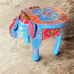 Furnshine - Sky Blue Design Wooden Elephant Stool  - Indian Handicraft Home Decor, Pooja & Foyer (8"H x 10.5"L x 8"W)