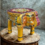 Furnshine - Rajasthani Hand-Painted Wooden Elephant Stool - Traditional Indian Home Decor (10"L x 8"H x 8"W)