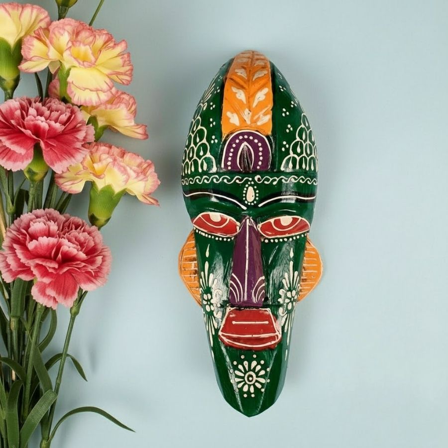 1 Furnshine - Handcrafted Green Tribal Wooden Wall Mask - 12 Inch Nazar Battu African Egyptian Hanging for Home Entrance, Living Room, Balcony Decor - Image 1