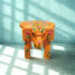 Furnshine - Wooden Elephant Stool Floral Orange Design | Handcrafted Indian Home Decor Pooja Foyer 6.5H x 9L x 6.5W Inches - Image 2