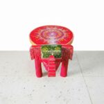 Furnshine - Red with Green Handcrafted Elephant Stool - Indian Handicraft for Pooja Decor, Home & Foyer (8"H x 10.5"L x 8"W) - Image 2