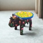 Furnshine - Handcrafted Black & Yellow Wooden Elephant Stool with Floral Designs - Rajasthani Indian Handicrafts for Pooja, Home & Foyer Decor (8"H x 10.5"L x 8"W) - Image 2