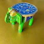 Furnshine - Wooden Elephant Stool Green Blue Design 6H x 9L x 6.5W Inches - Indian Handicrafts Home Pooja Foyer Decor - Image 3