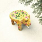 Furnshine - Handcrafted Yellow Wooden Elephant Stool with Floral Designs - Small Indian Handicraft for Home Decor, Pooja & Foyer (4.5"H x 5"W) - Image 3